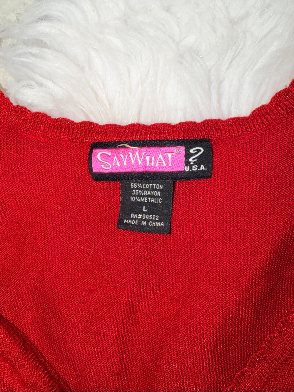 VTG Y2K Say What Red Metallic Shimmer Wrap Babydoll Knit Top Large L
